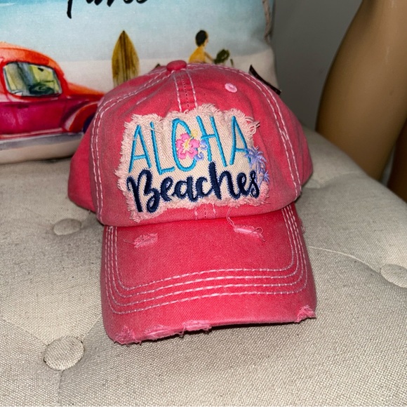 Funky Junque NWT! Coral Aloha Beaches Embroidery Distressed Patch Hat One Size - Picture 3 of 10